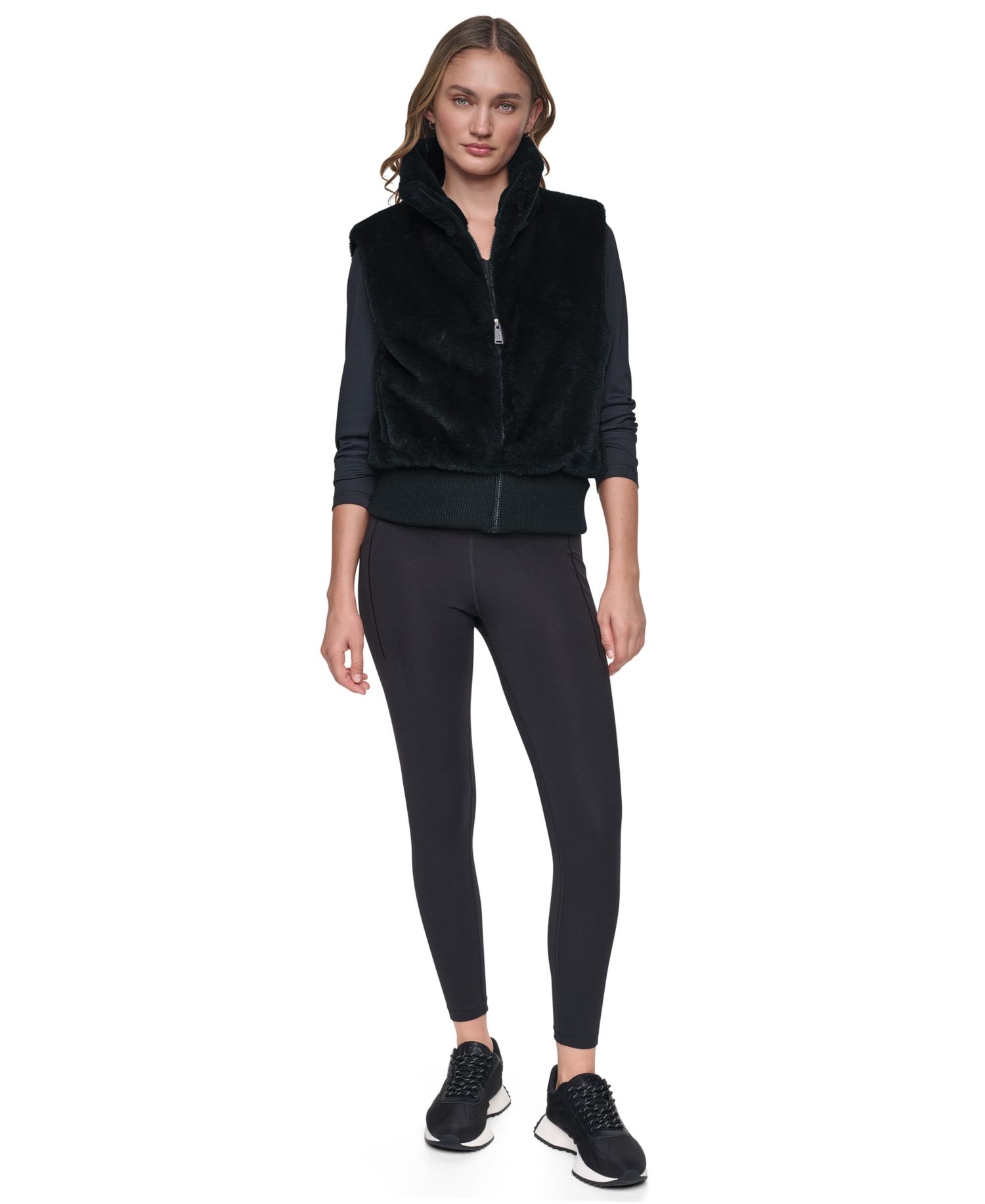 Women's Mock-Neck Ribbed-Knit Hem Faux Fur Vest