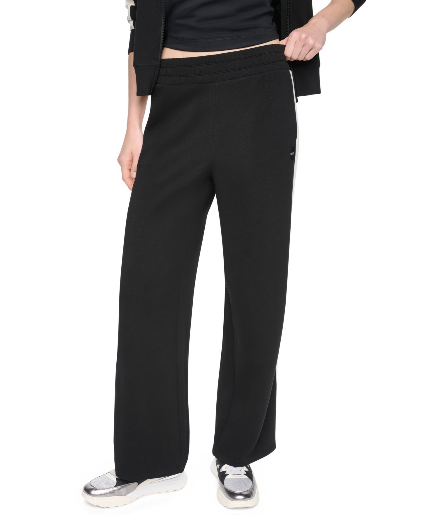 Женские брюки DKNY Sport High-Rise Modified Wide-Leg Side-Stripe, цвет: Чёрный / Сливочный — фото 1