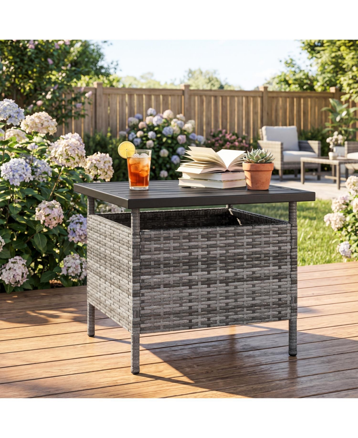 Mecale 22 in Patio Side Table with Wood-Look Top and 2 in Umbrella Hole