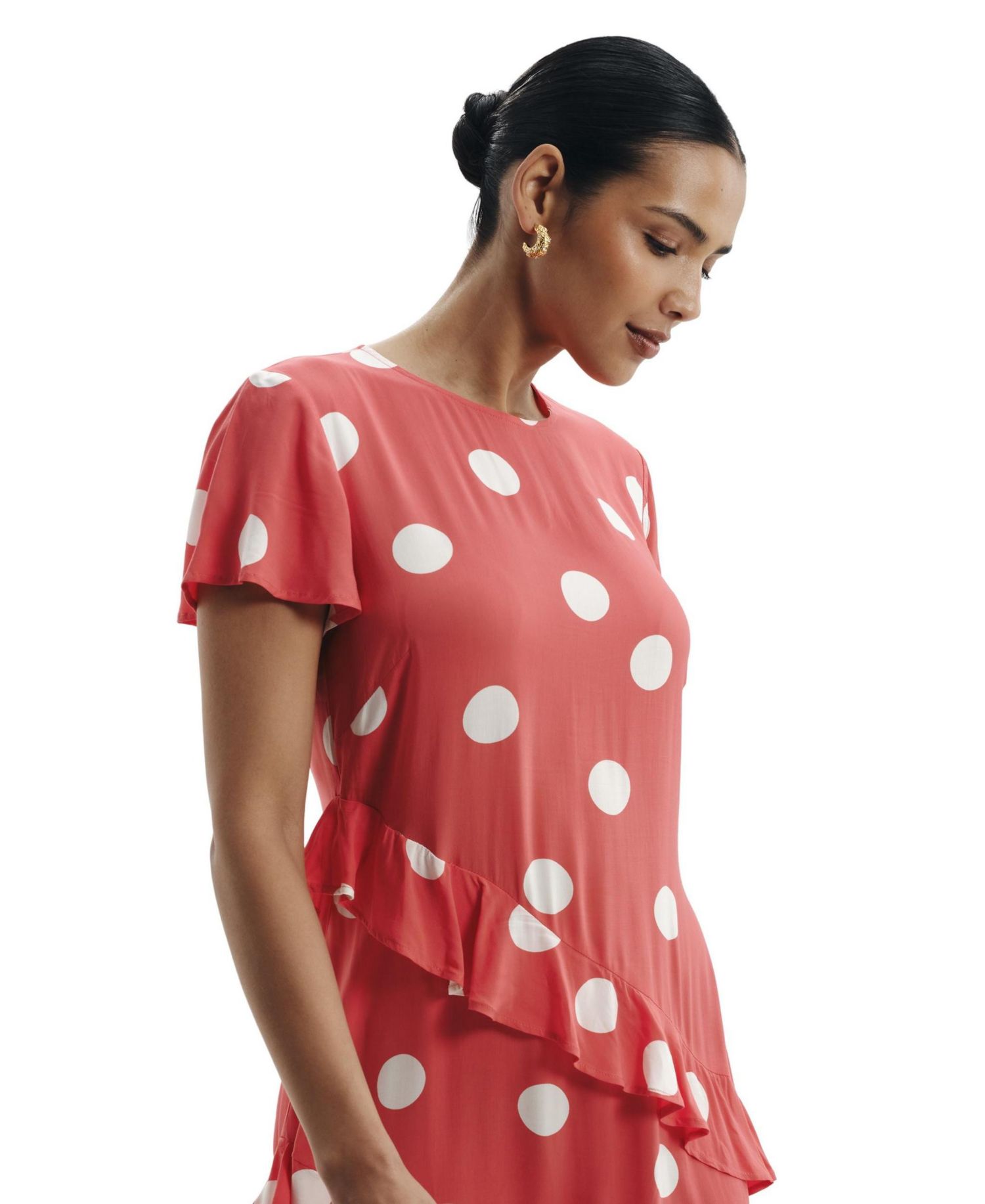 Women's Sierra Polka-Dot Asymmetric-Ruffle Midi Dress