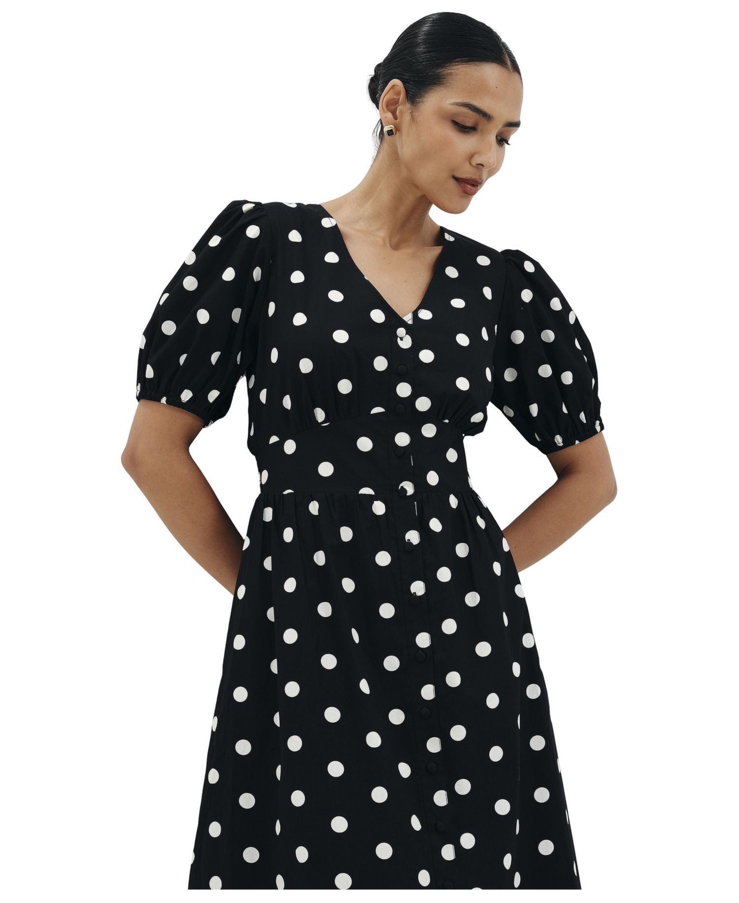 Women's Addison Polka-Dot V-Neck Short Puff-Sleeve Midi Dress