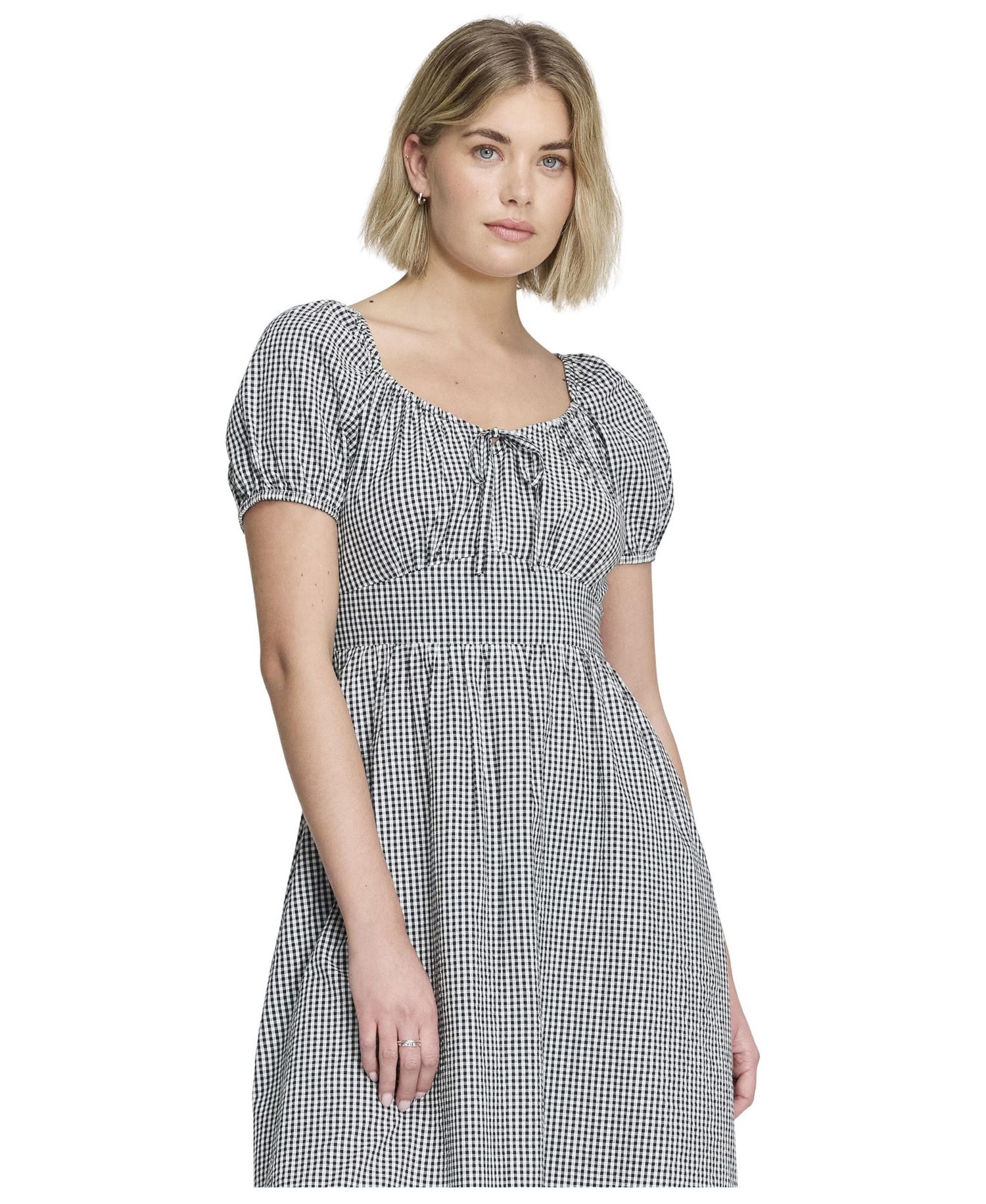 Women's Kaitlyn Gingham Short Puff-Sleeve Sweetheart Midi Dress