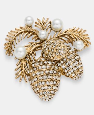 Glass Crystal and Imitation Pearl Gold-Tone Pine Cone Pin