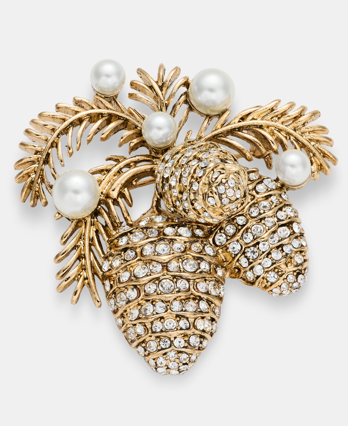 Anne Klein Glass Crystal and Faux Pearl Gold-Tone Pine Cone Pin