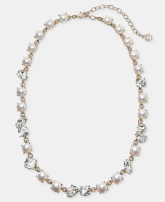 Gold-Tone Imitation Pearl and Glass Crystal Cluster Collar Necklace