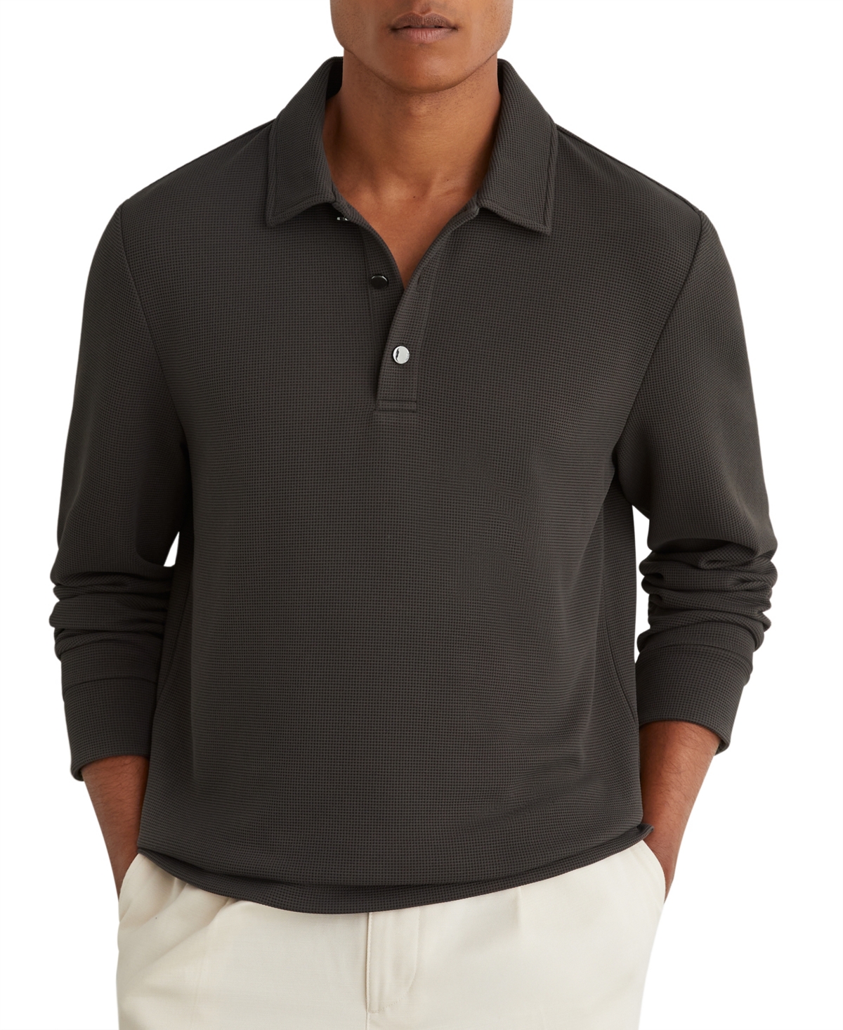 Reiss Men's Alba Slim-Fit Micro-Waffle Textured Long-Sleeve Polo Shirt