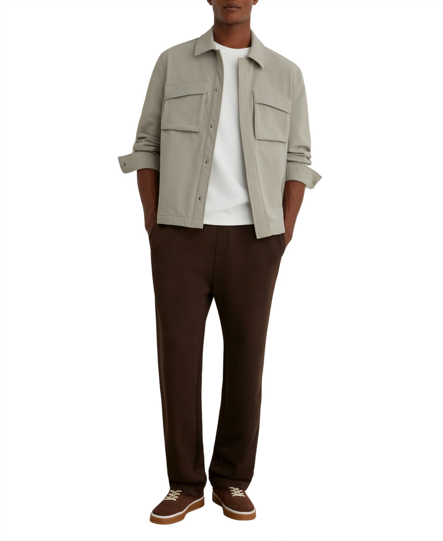 Мужская рубашка REISS Divide Point-Collar Zip-Front Fleece-Lined Overshirt, цвет: Серо-бежевый — фото 3