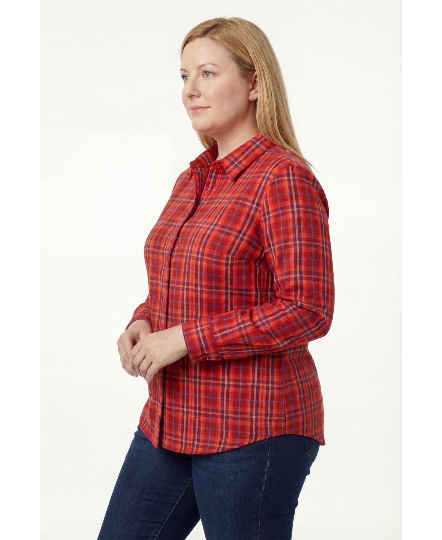 Женская рубашка Woman Within Within Perfect Long Sleeve, цвет: Красный разноцветный клетчатый — фото 5