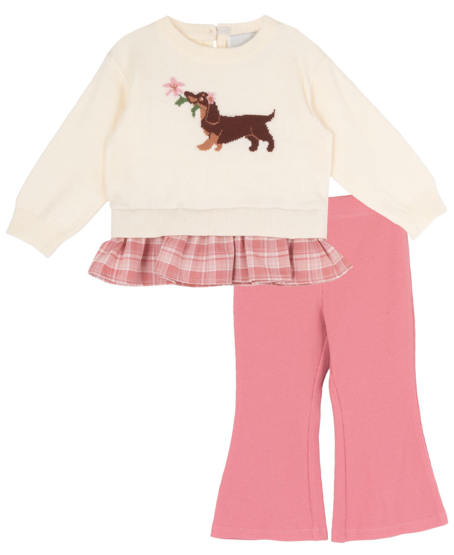 Baby Girls' Plaid Ruffle Dog Graphic Top and Rib Knit Leggings, 2-Piece Set