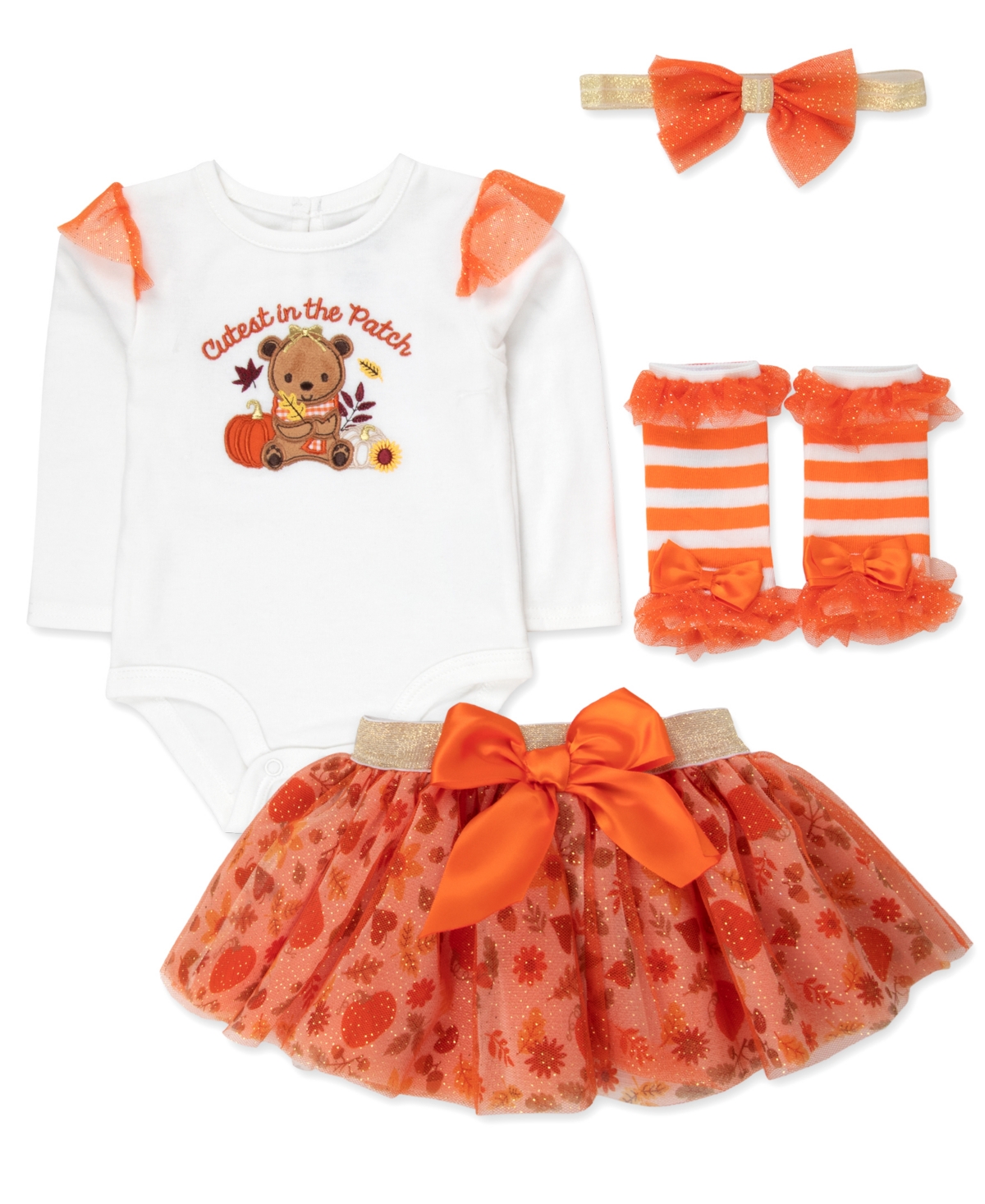 Baby Essentials Girls' Cutest the Patch Long-sleeve Pumpkin-Print Bodysuit and Tutu Set, 4-Piece
