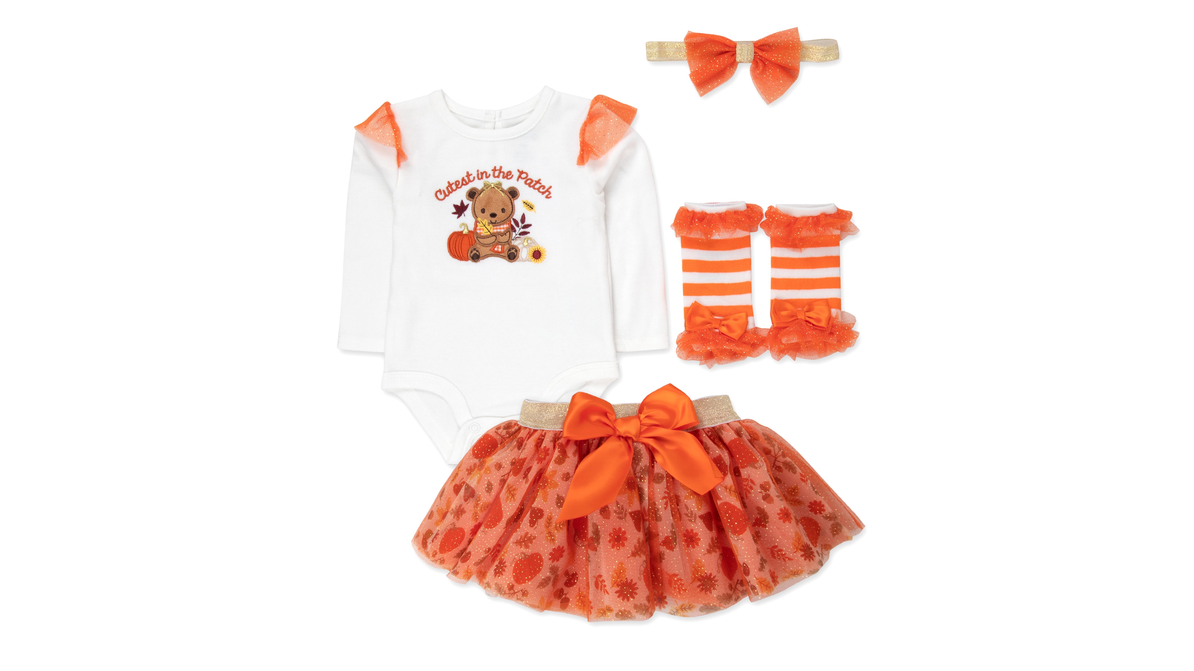 Baby Essentials Girls' Cutest the Patch Long-sleeve Pumpkin-Print Bodysuit and Tutu Set, 4-Piece