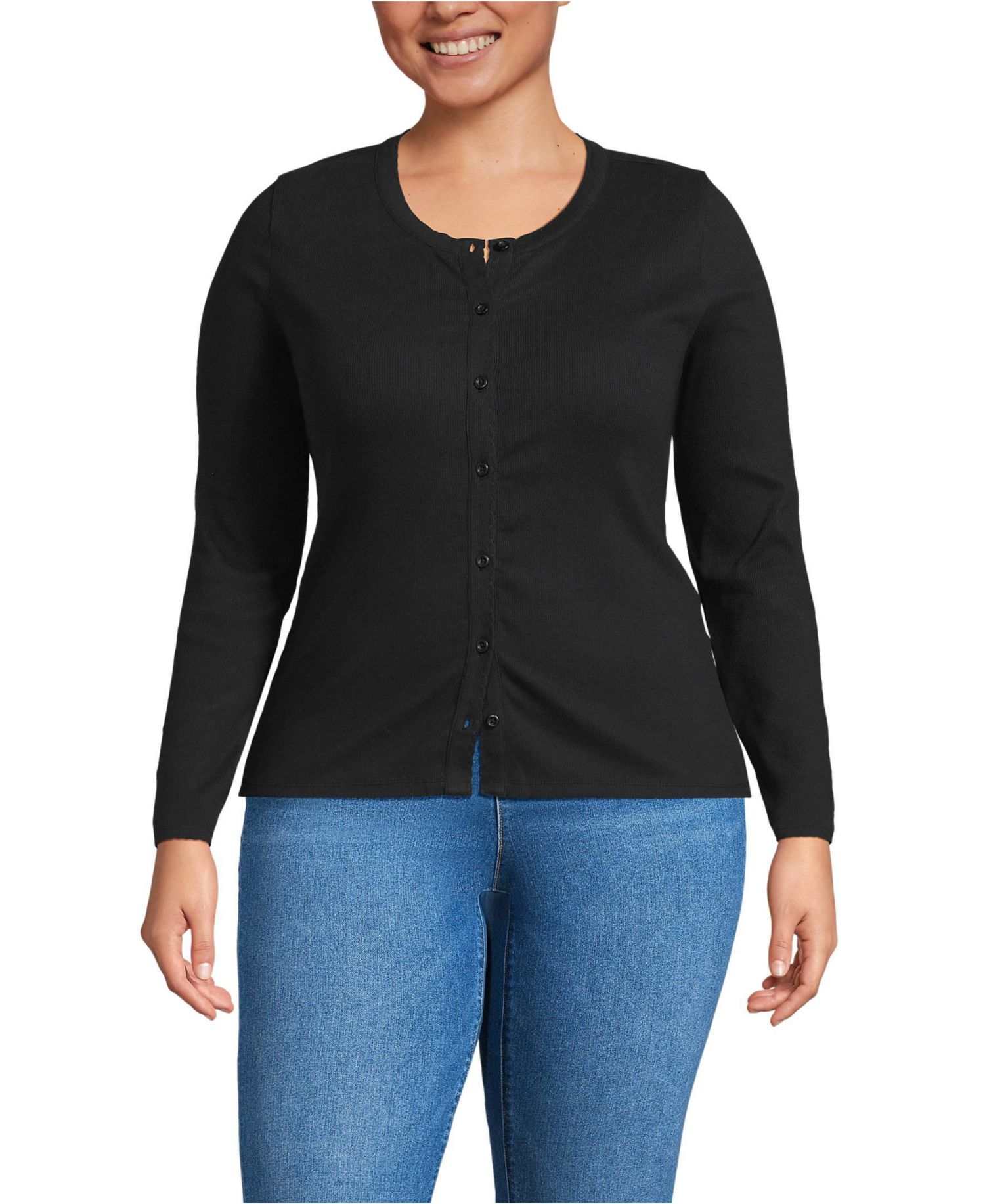 Plus Size Long-Sleeve Micro-Rib Button-Through Cardigan