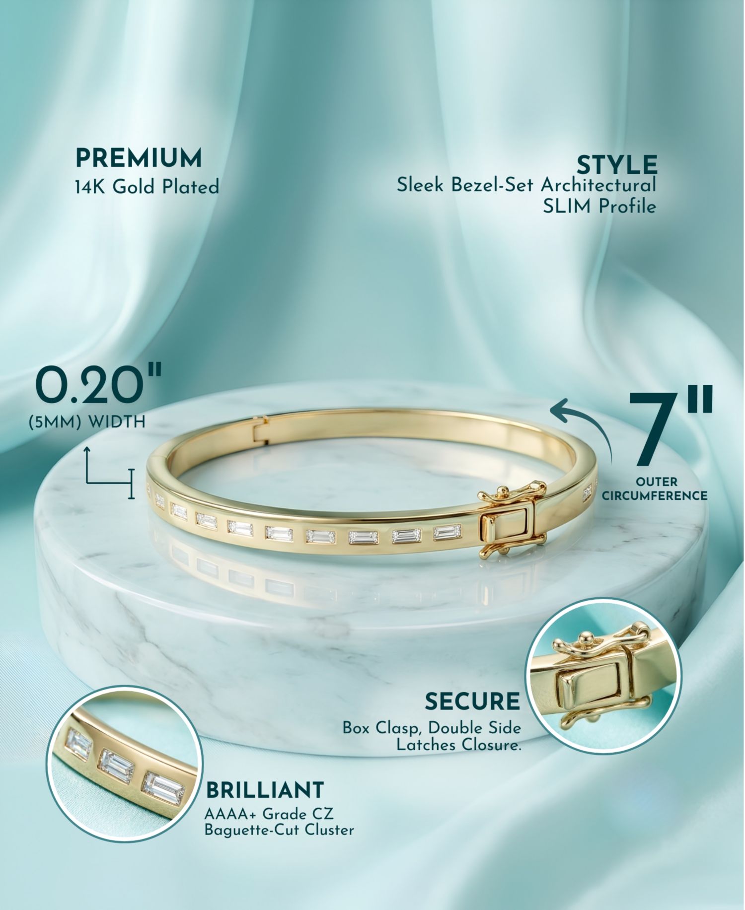 14K Gold Plated Brilliant CZ Baguette Bangle Bracelet