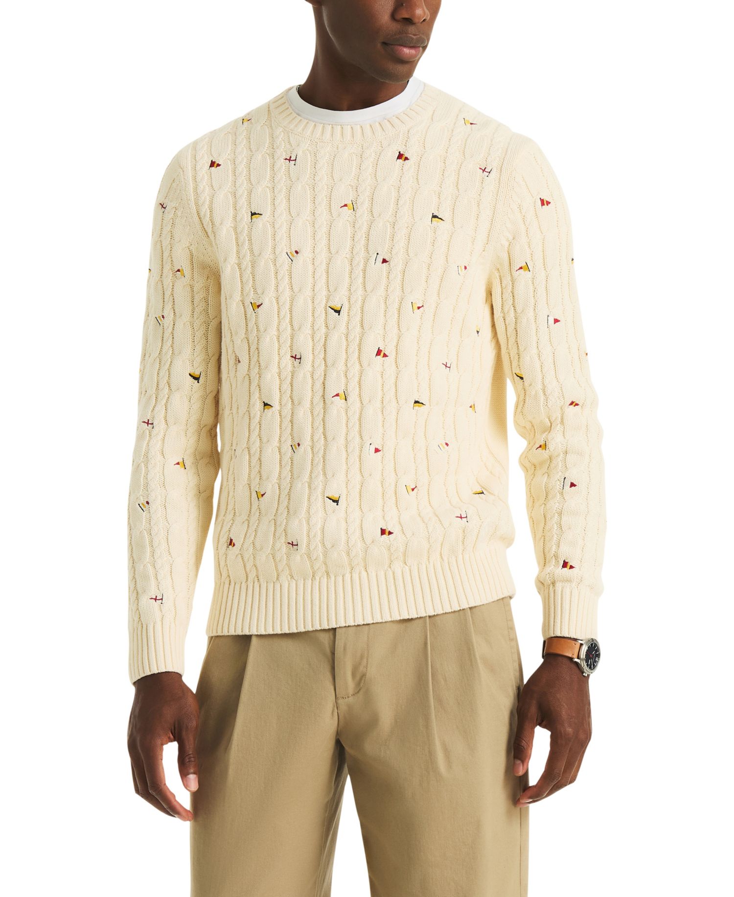 Men's Crewneck Embroidered Nautical Flag Cable Sweater