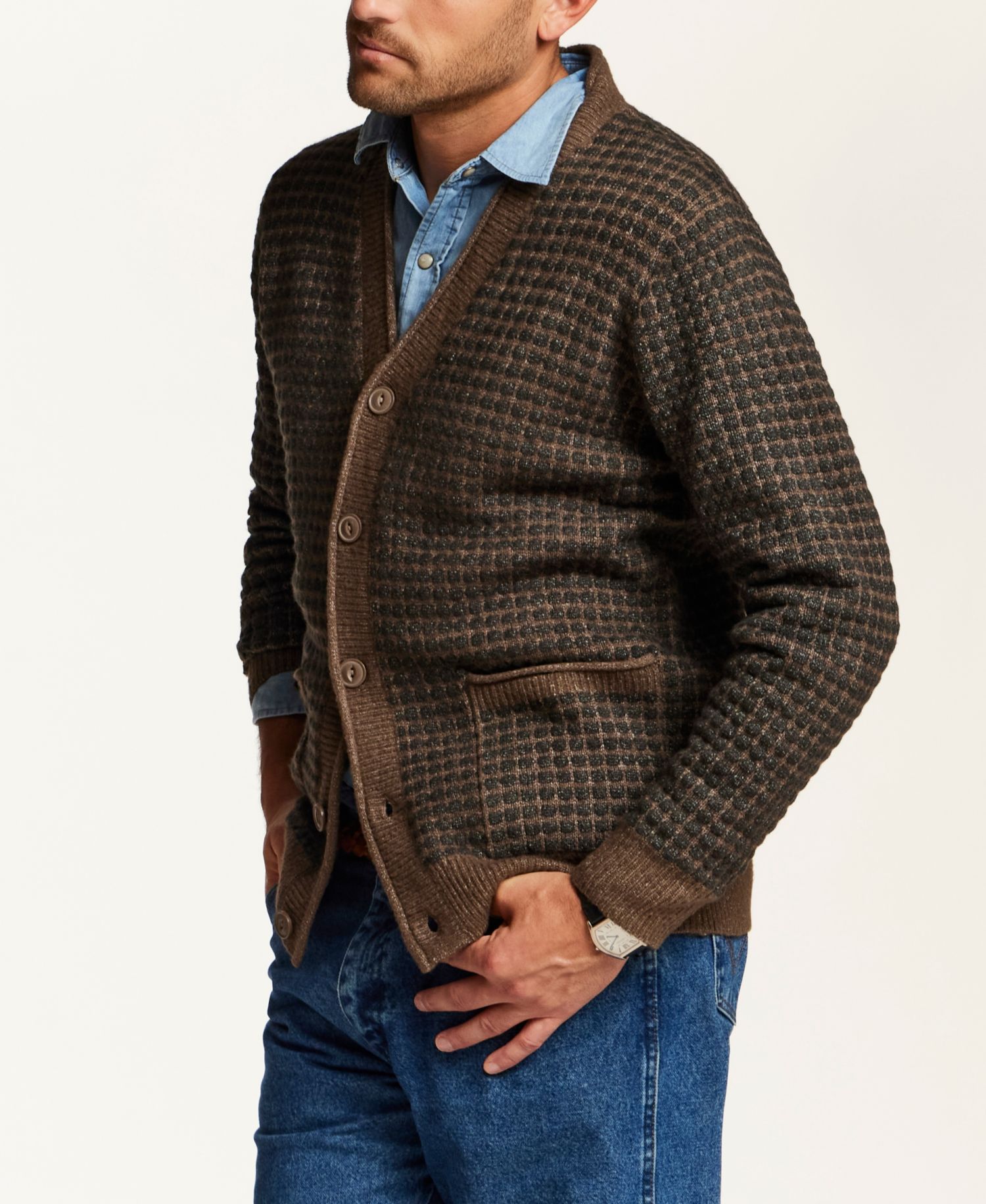 Men's Grid V-Neck Long-Sleeve Cardigan