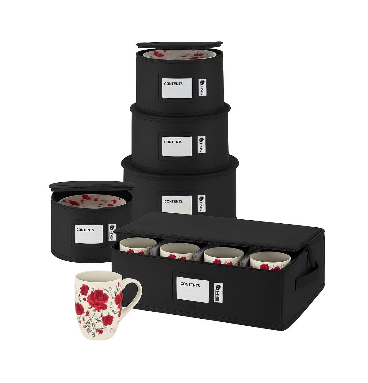 Hard Shell China Storage Containers 5-Piece Set Moving Boxes for Dinnerware Service for 12 - Black