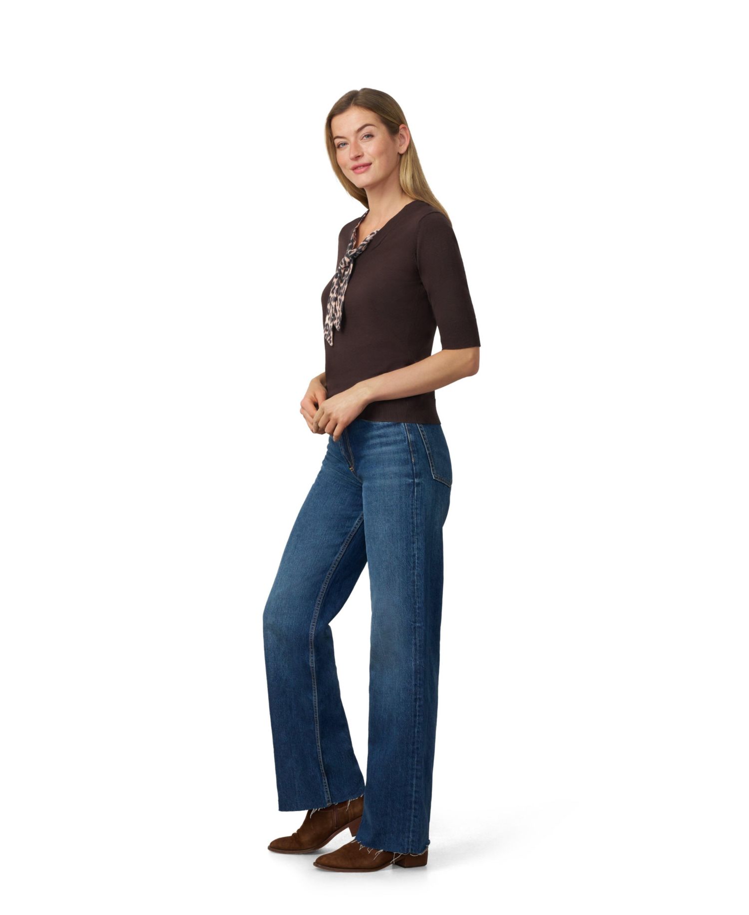 Women's Printed Chiffon Tie-Neck Elbow-Length Sleeve Sweater