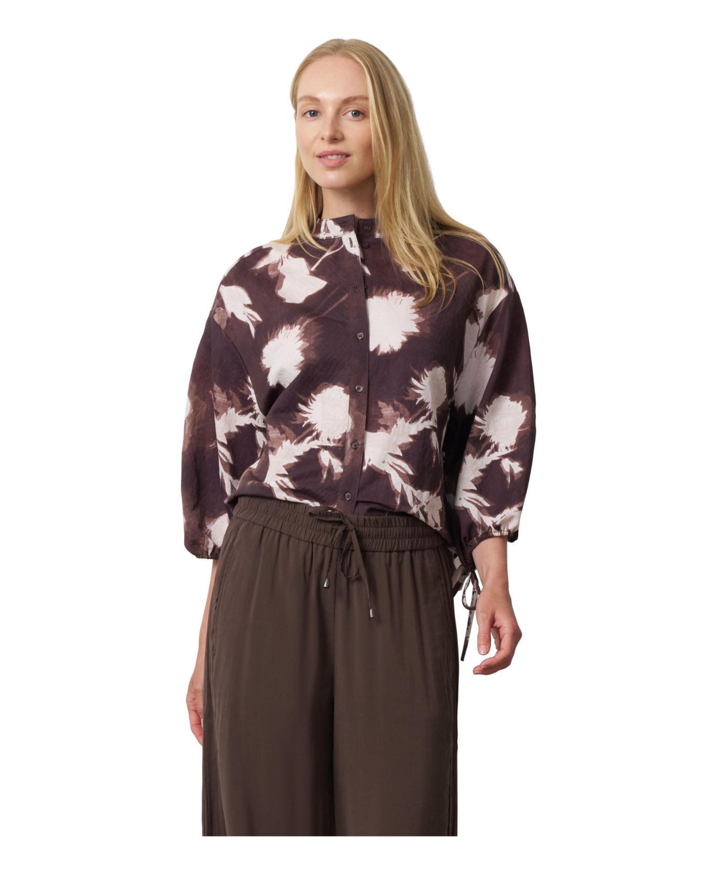 Женская блузка Cable & Gauge Floral-Print Balloon-Sleeve, цвет: Коричневый / Белый — фото 1