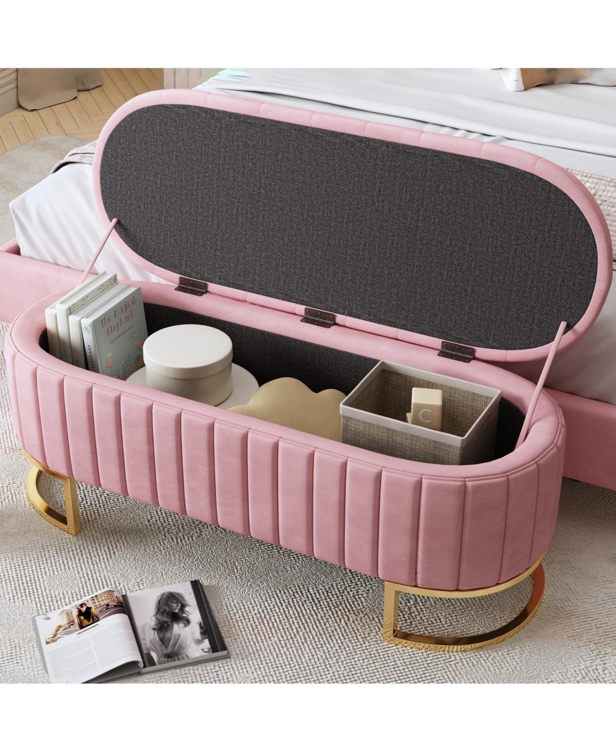 Flynama Button Tufted Velvet Storage Ottoman with Metal Legs