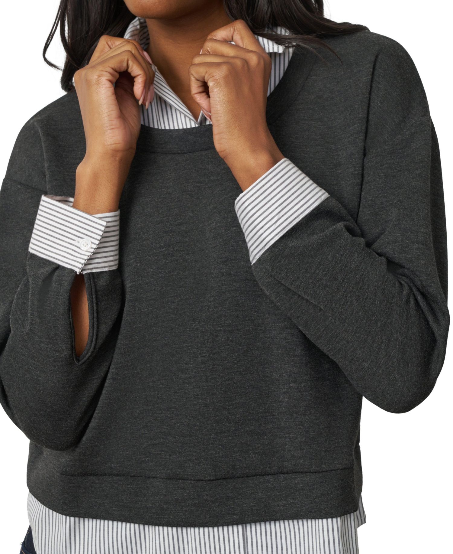 Women's Twofer Striped Poplin Collar Long-Sleeve Blouse