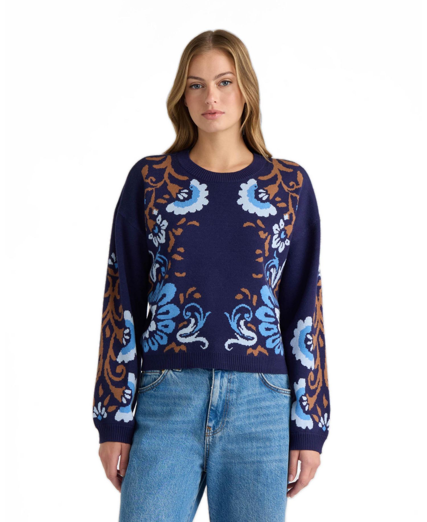 Women's Jacquard Balloon-Sleeve Crewneck Sweater