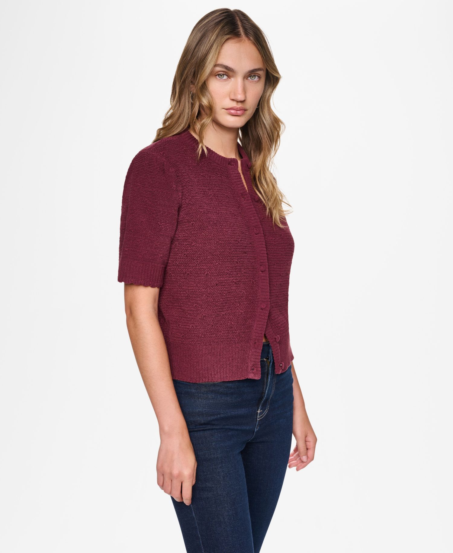 Women's Baby Chenille Short-Sleeve Lightweight Open-Stitch Cardigan