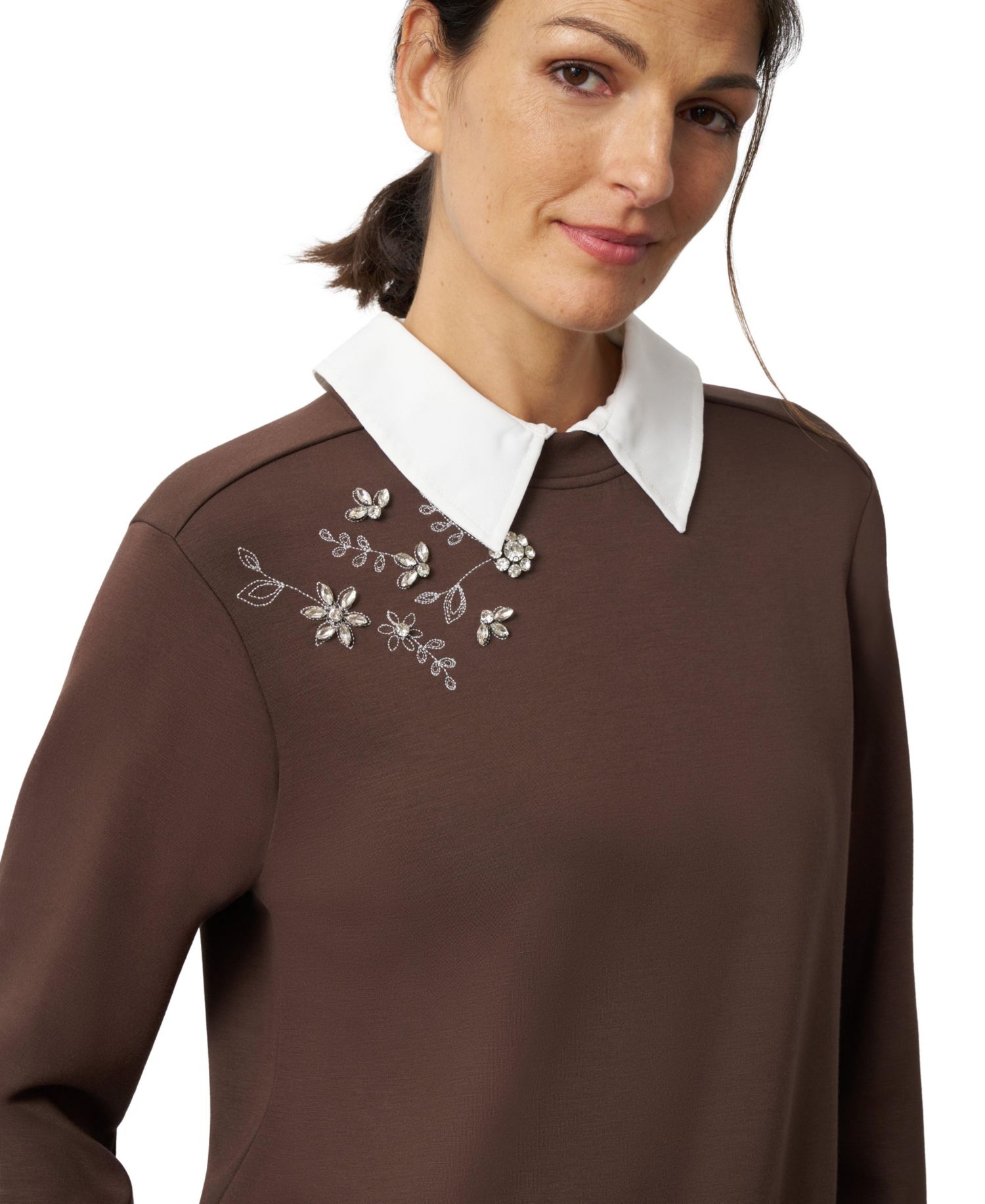 Women's Collared Long-Sleeve Embellished Twofer Top