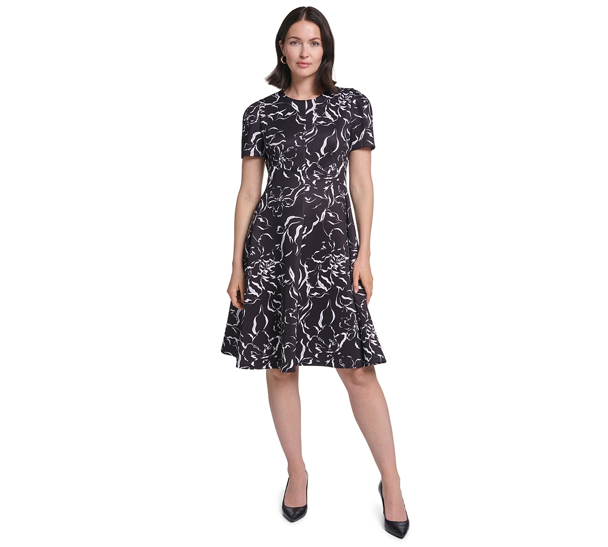 Calvin Klein Petite Short-Sleeve Floral-Print Fit & Flare Midi Dress - Black/Cream