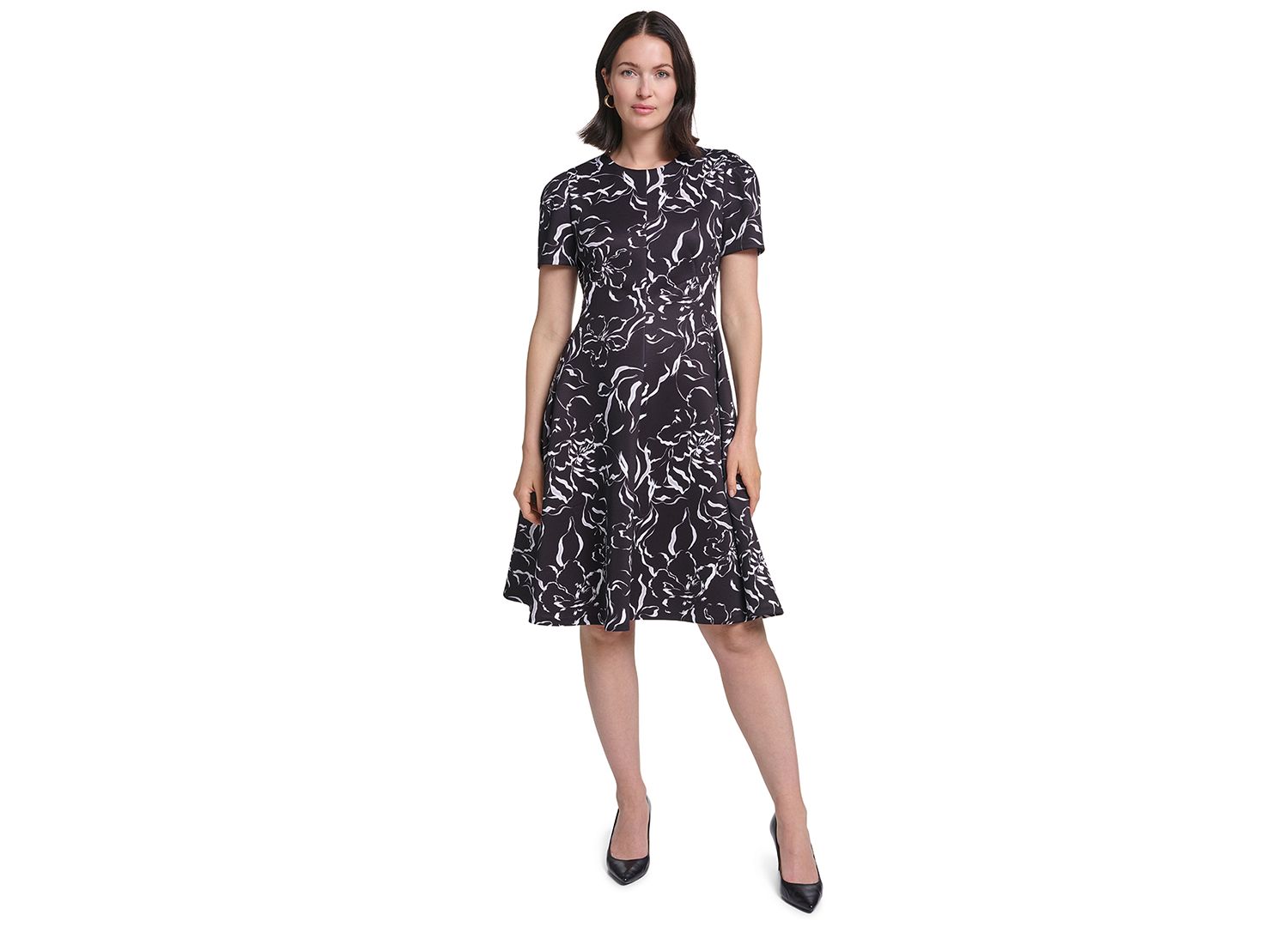 Petite Short-Sleeve Floral-Print Fit & Flare Midi Dress