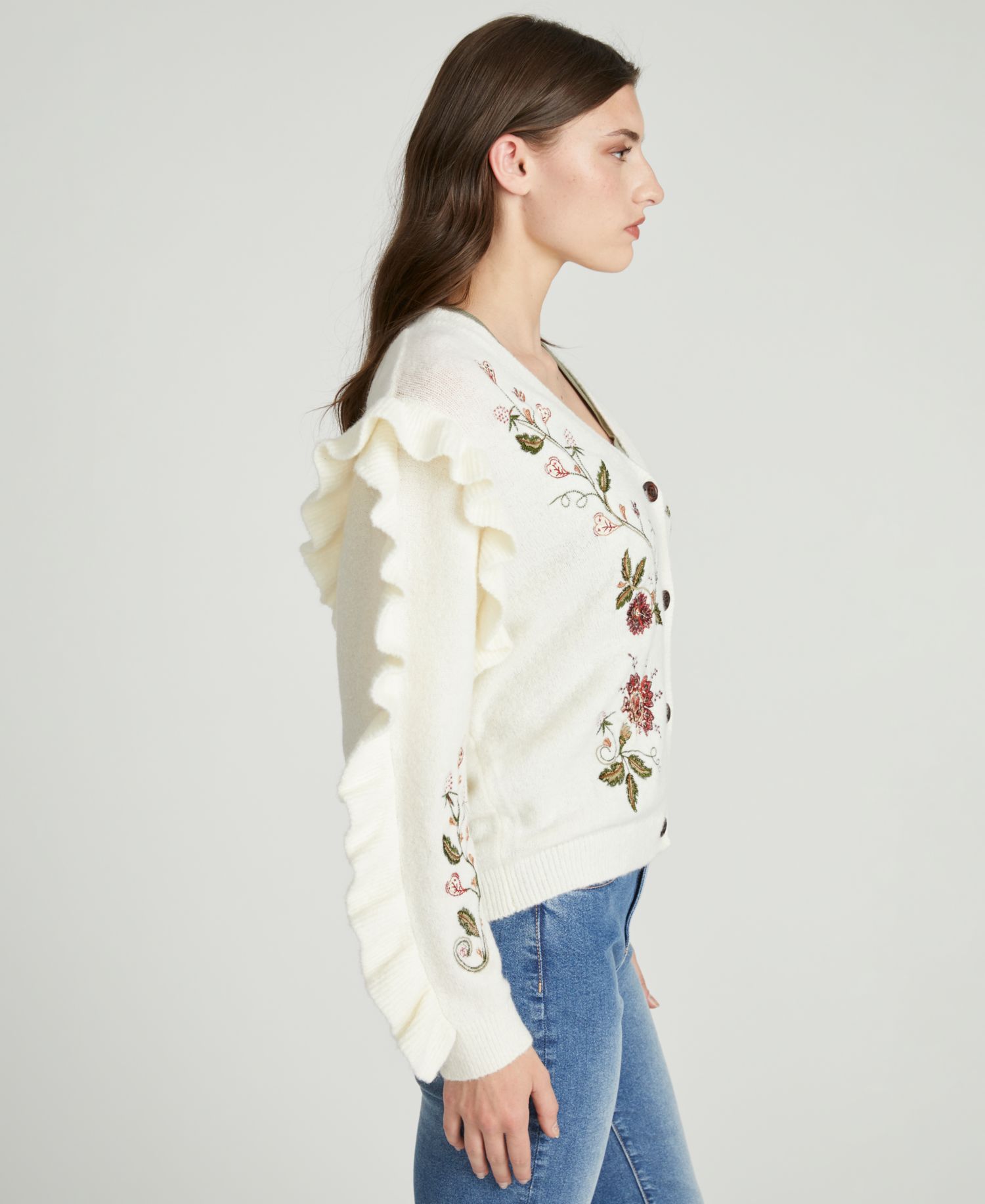 Women's Floral-Embroidered V-Neck Rosevine Ruffle Cardigan