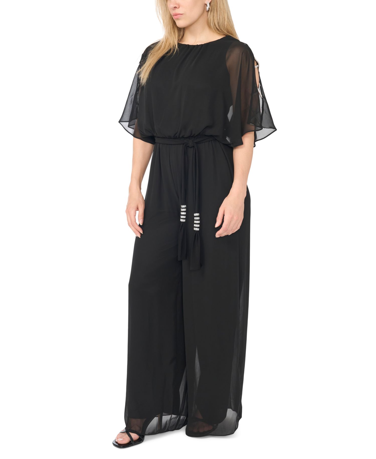 Petite Bar-Sleeve Crew Neck Jumpsuit