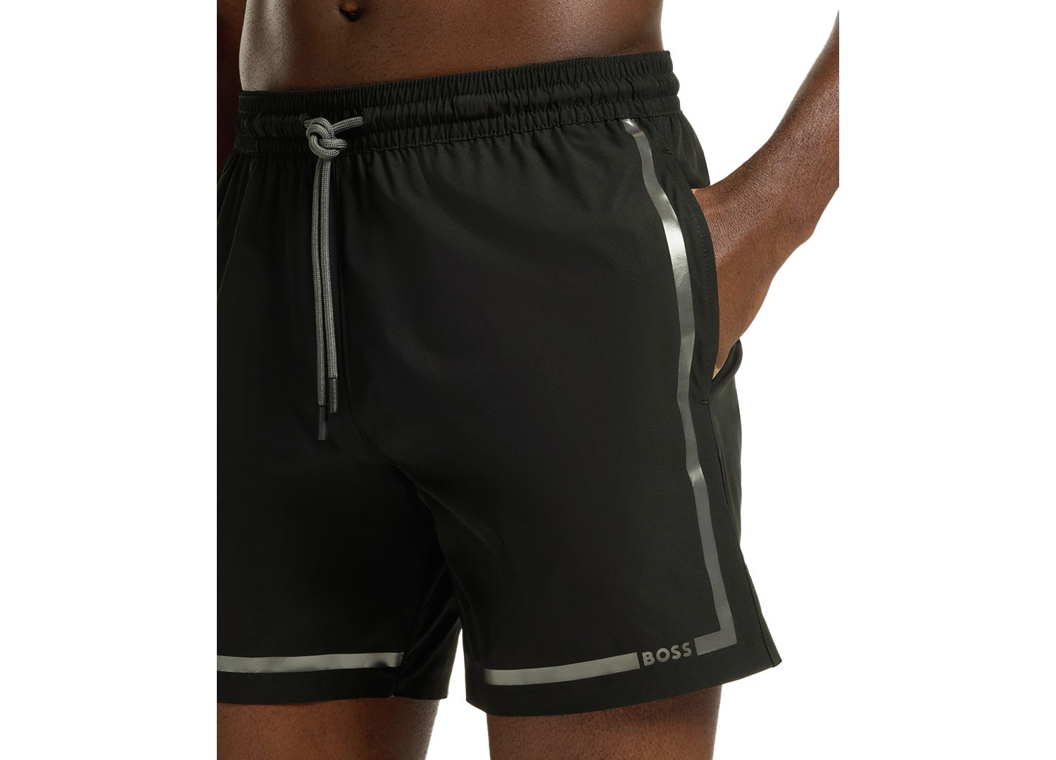 BOSS by Men's 6" Vital Logo Stripe Print Swim Trunks