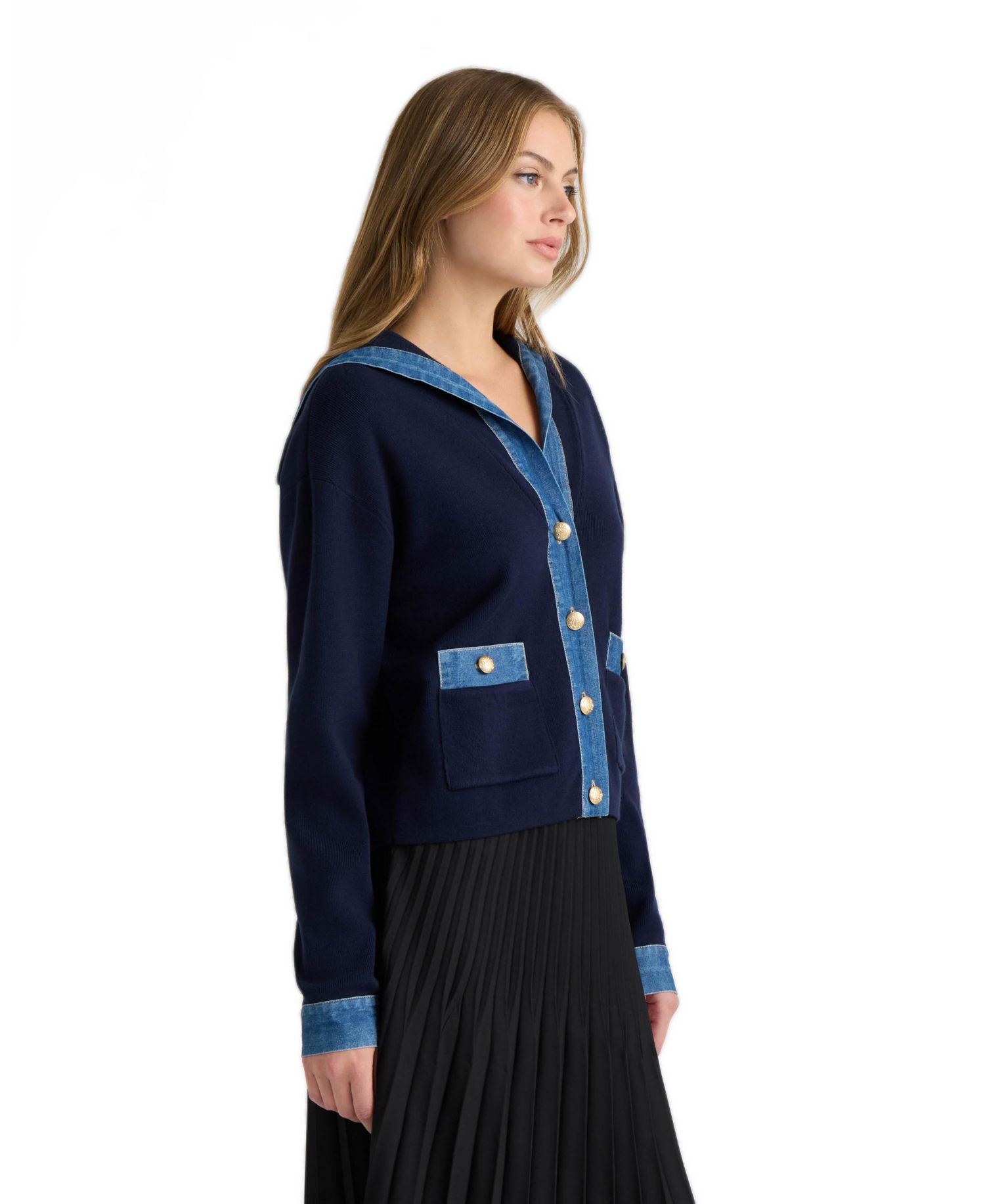 Women's Sailor Collar Denim-Detailing Cardigan
