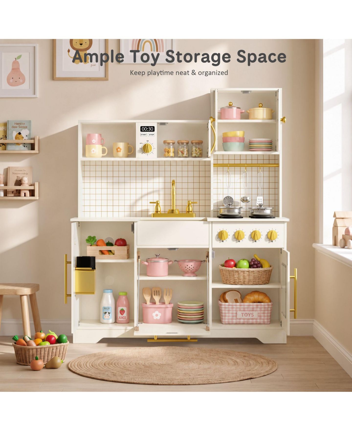 Детские игрушки Kinder King Kids Play Kitchen, Wooden Toy Kitchen Playset for Toddler, Pretend Oven, Microwave, Kitchen Sets for Age 3+, цвет: Бежевый / Хаки — фото 10