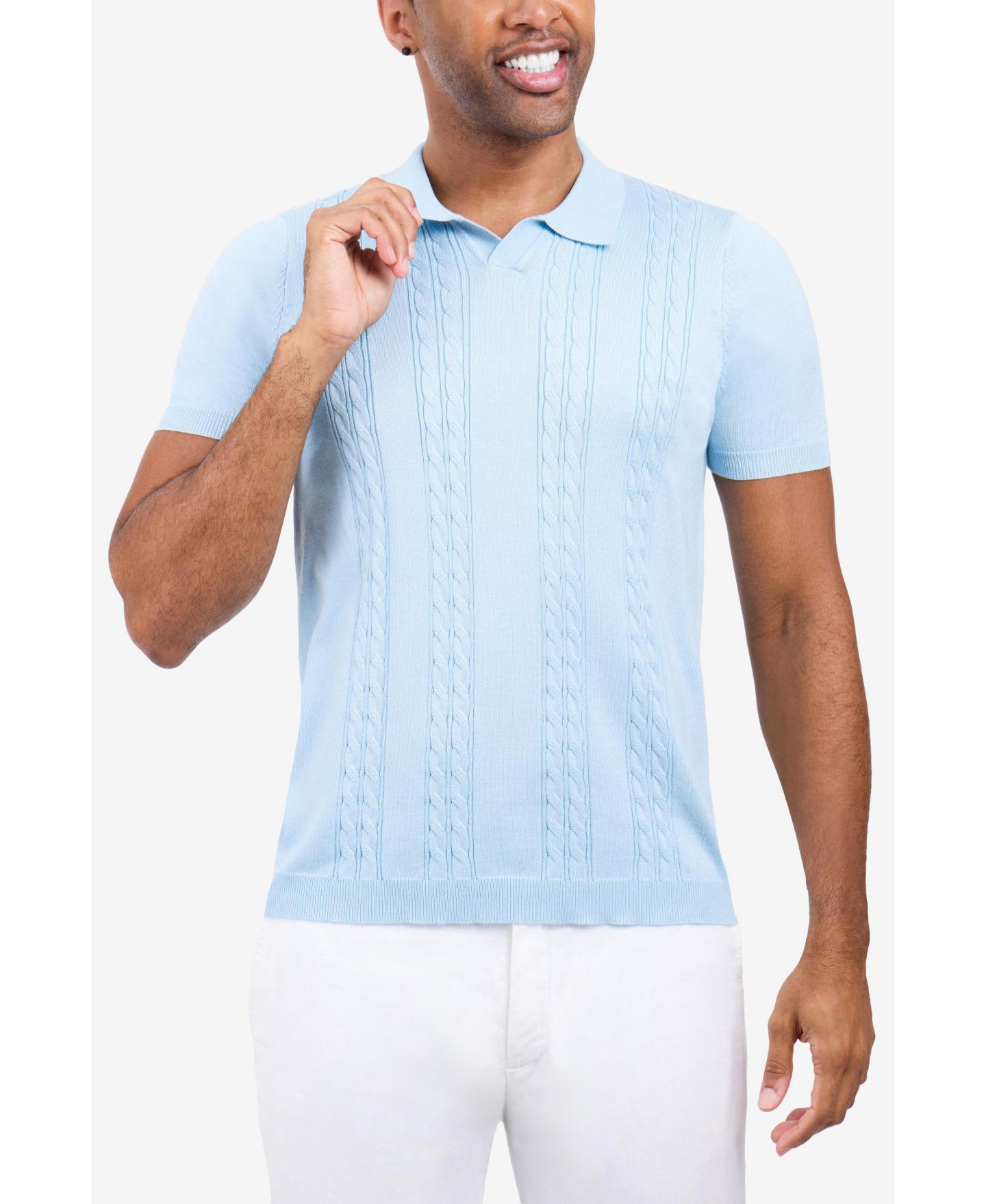 Мужские топы SPRING + MERCER Cable Knit Johnny Collar Short Sleeve Sweater Polo, цвет: Синий — фото 4