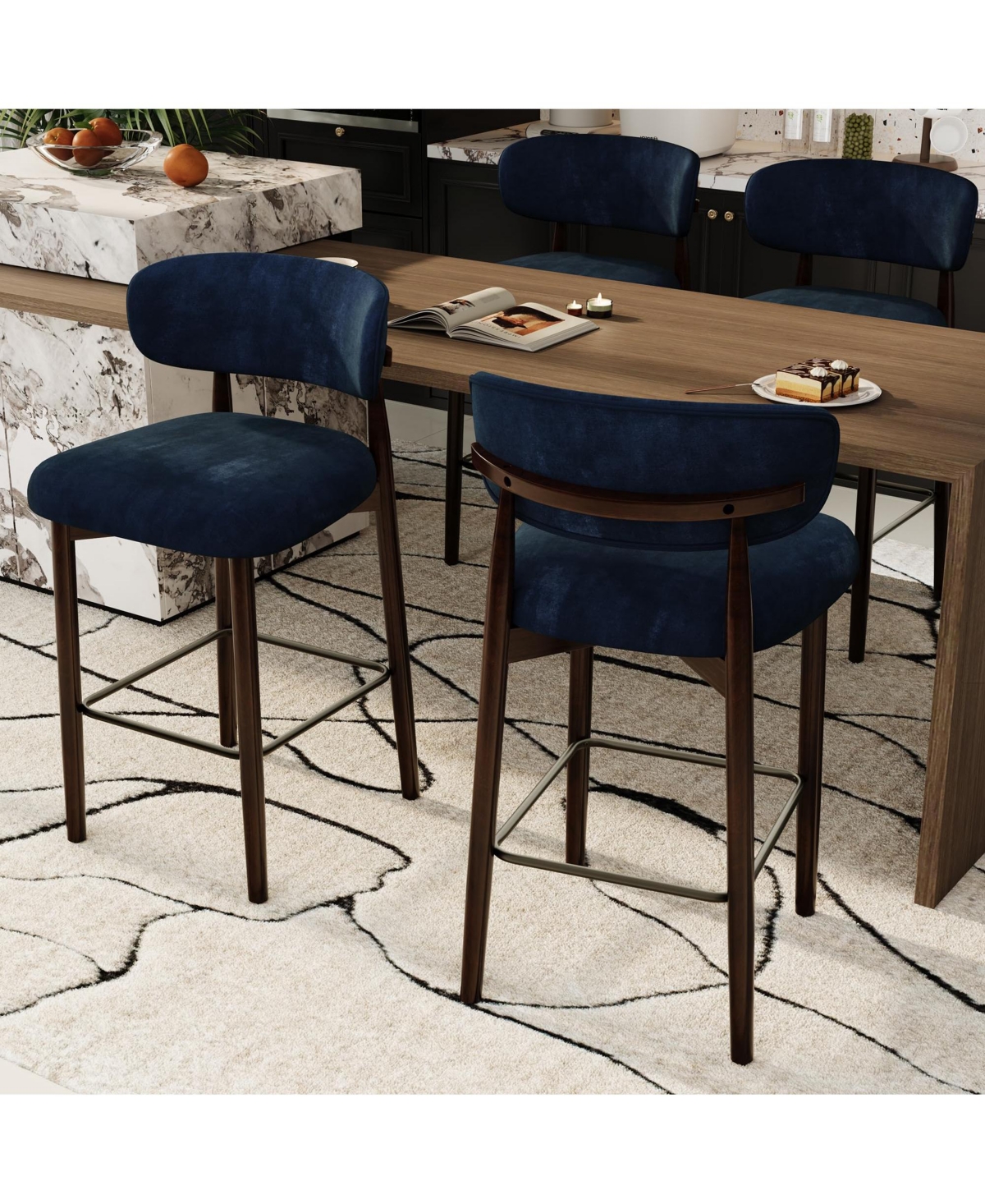 gaomon Set of 4 Upholstered Counter Height Bar Stools with Wood Legs and Curved Back, Linen Kitchen Island Chairs with Footrest