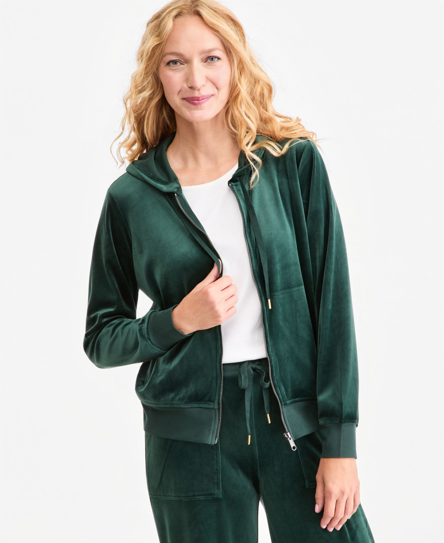 Petite Zip-Front Long-Sleeve Velour Hoodie