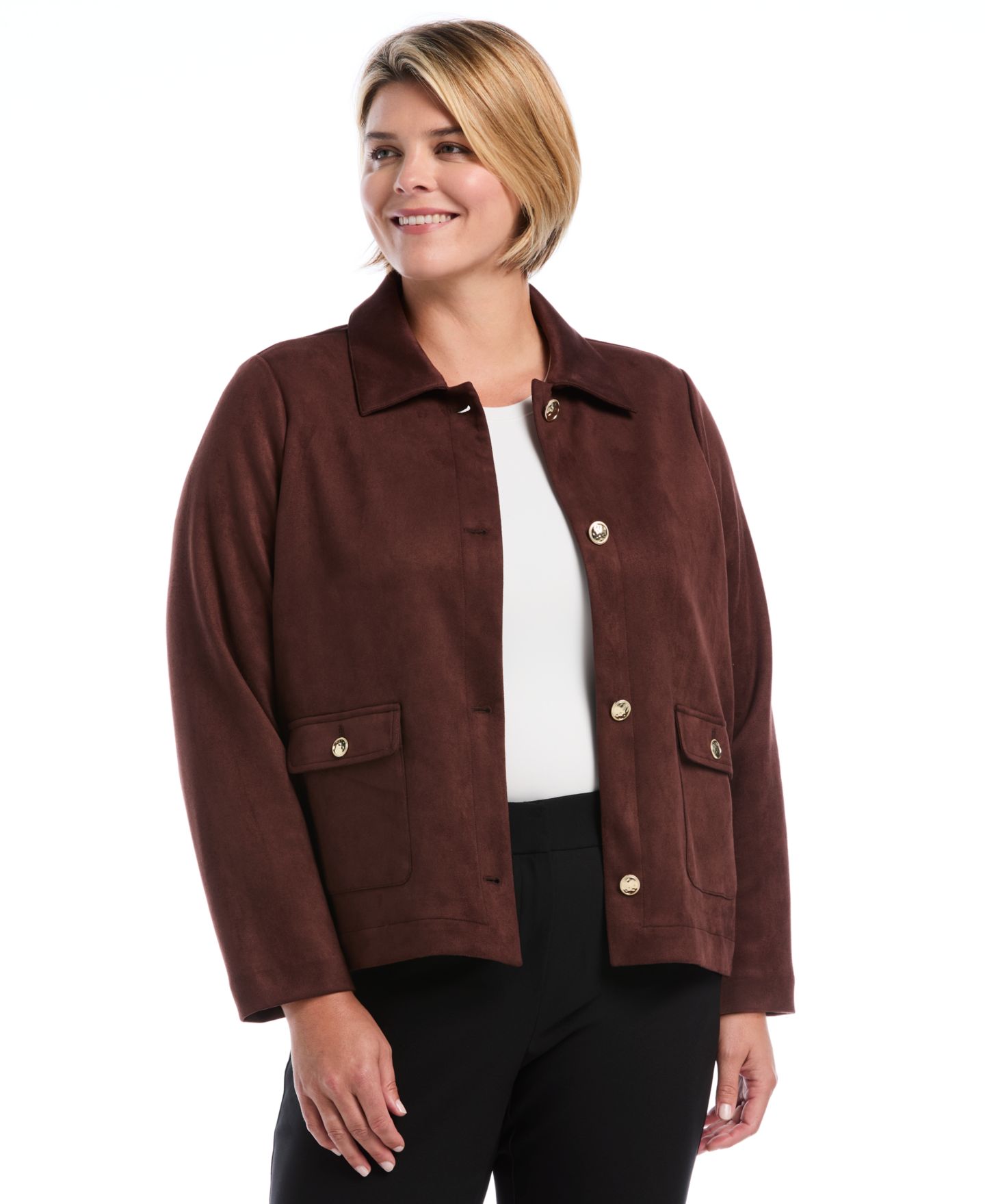 Женская куртка Rafaella Plus Size Scuba-Suede Patch-Pocket Work, цвет: Коричневый — фото 1