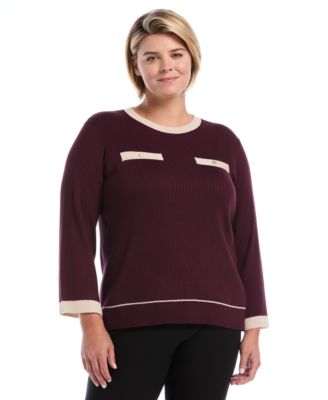 Plus Size Contrast-Trim Crewneck Sweater