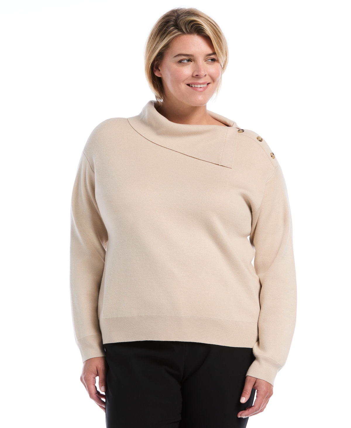 Rafaella Women's Plus Size Split Neck Button Detail Sweater Top in Oatmeal, Size 3X, Viscose/Polyester