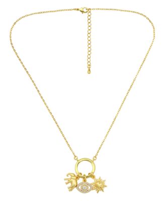 14k Gold-Plated Over Brass Circle Charm Holder with Elephant, Evil Eye and Sun Charms Necklace