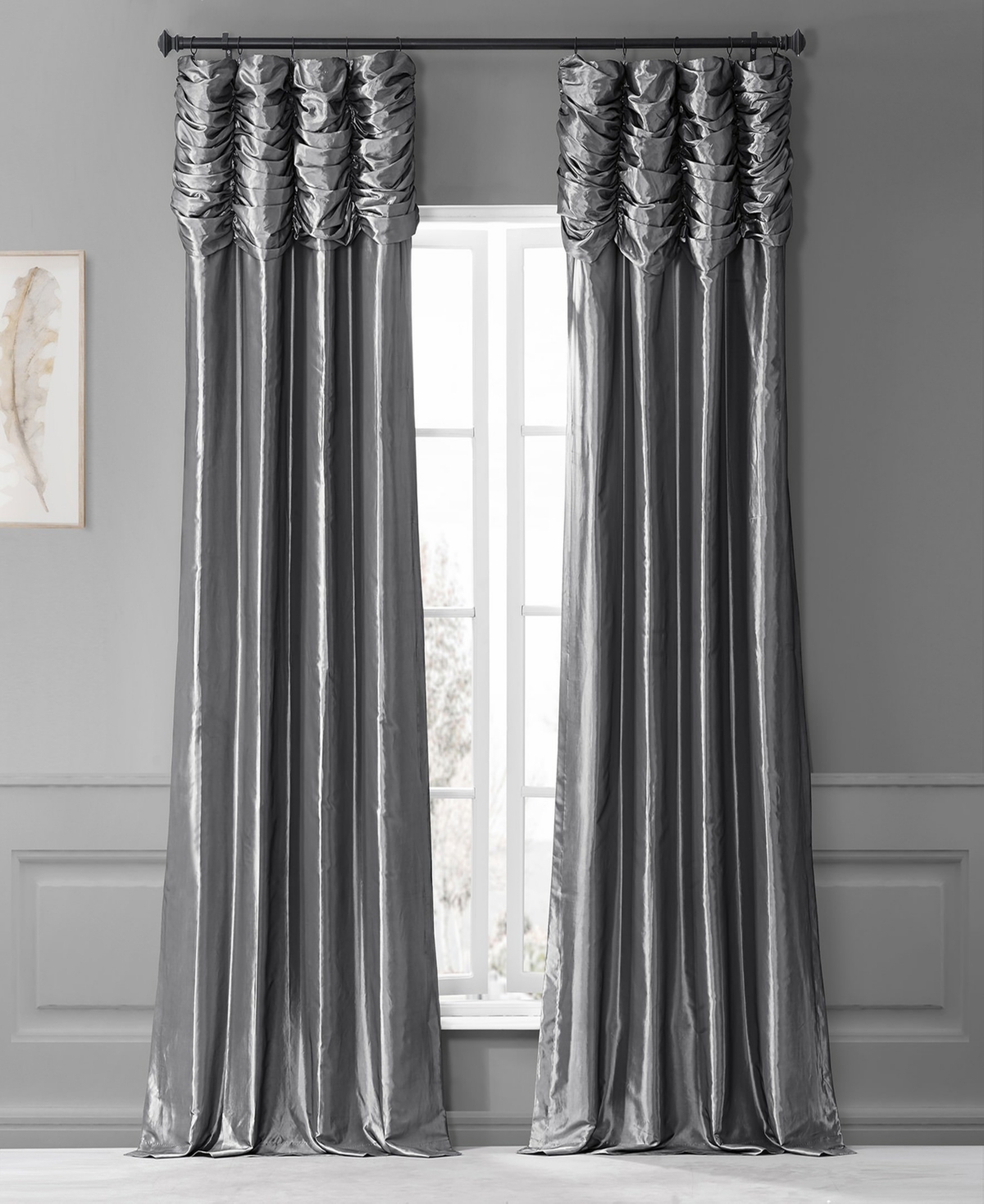 Half Price Drapes Platinum Ruched Solid Faux Silk Taffeta Room Darkening Curtain