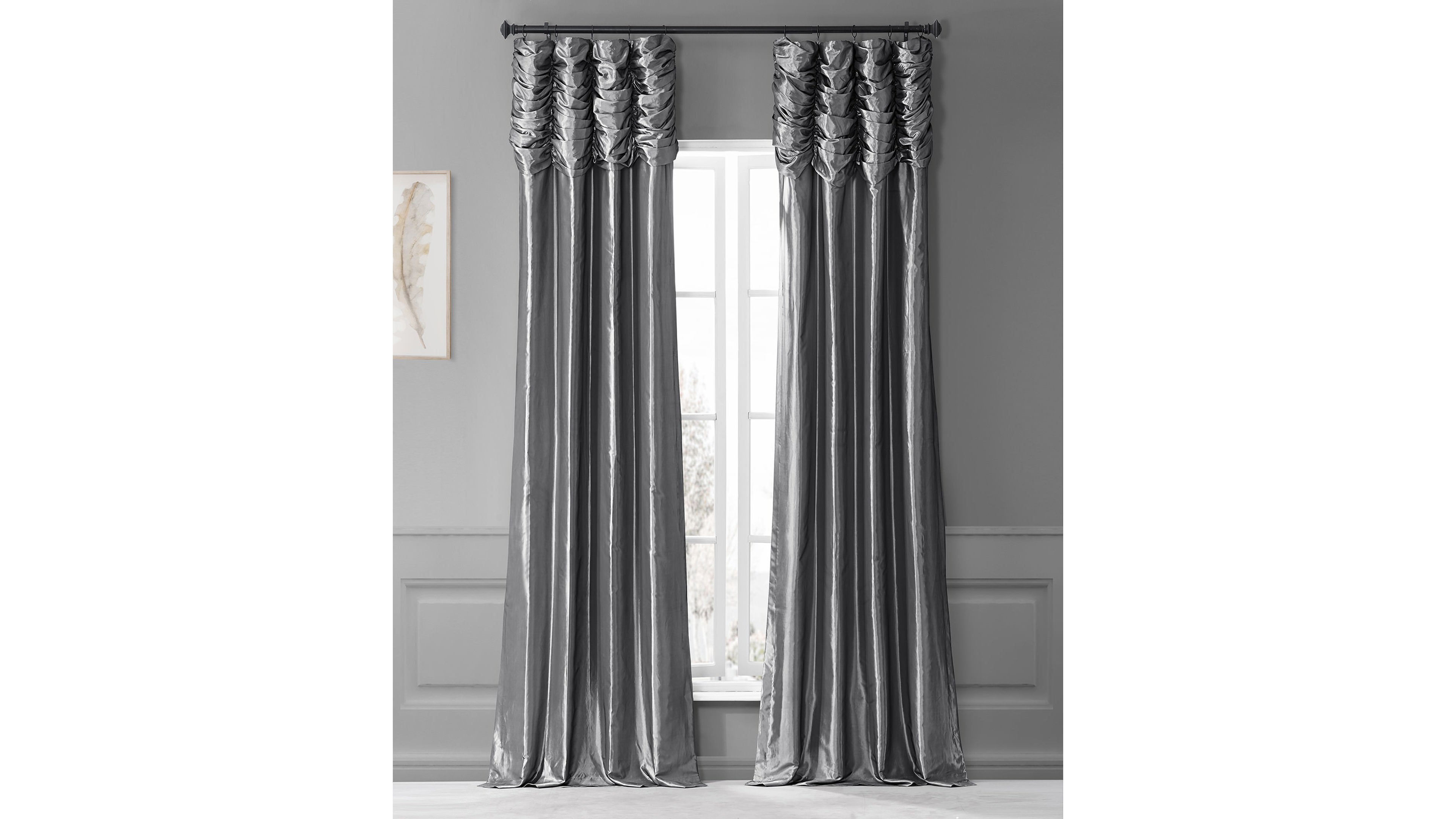 Half Price Drapes Platinum Ruched Solid Faux Silk Taffeta Room Darkening Curtain