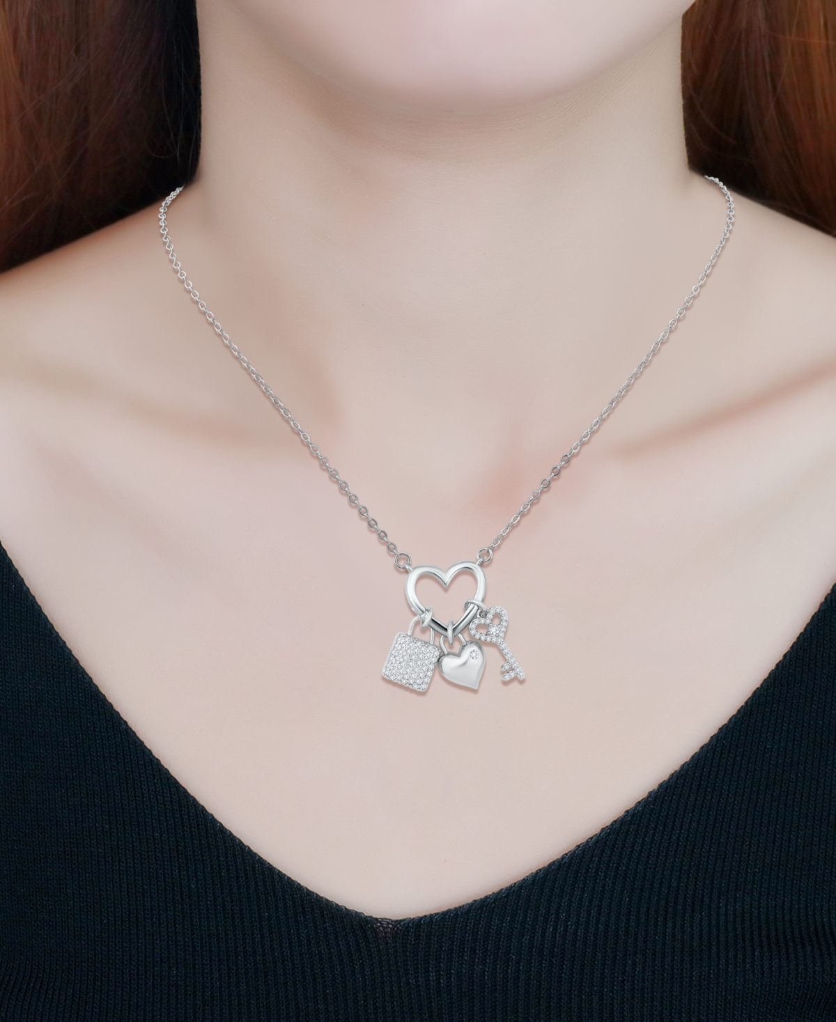 Macy's Fine Silver-Plated Over Brass Heart Shape Charm Holder with Heart, Key and Lock Charms Necklace