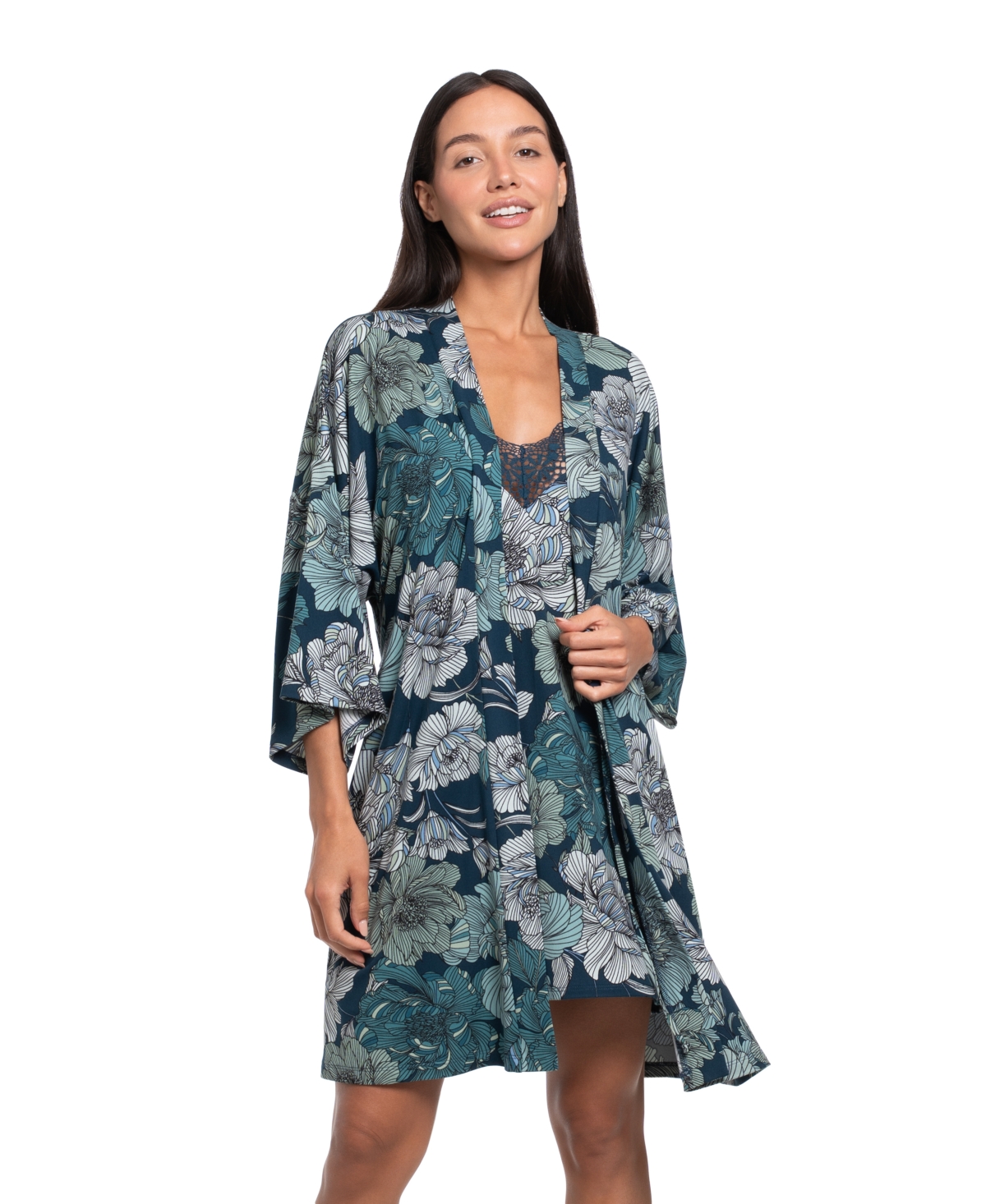 Linea Donatella Women's Teal Floral Print Knit Wrapper