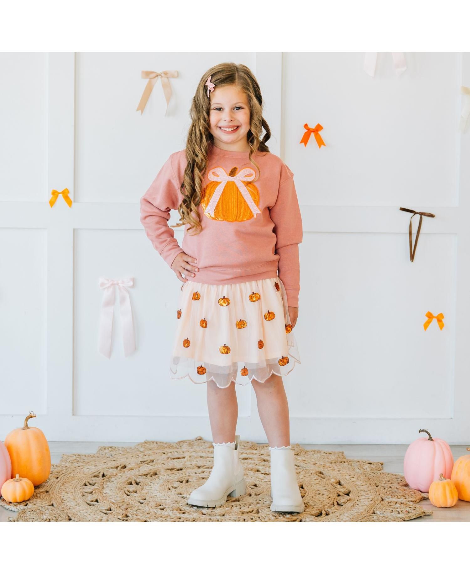 Big Girls Coquette Pumpkin Sequin Patch Sweatshirt