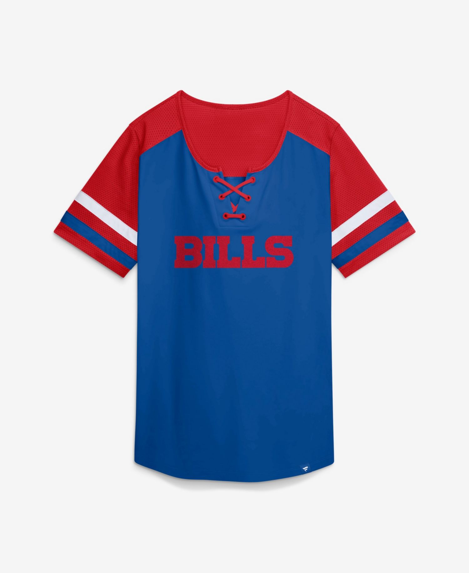 Women's Buffalo Bills Curl Route Athena Lace-Up Mesh Glitter-Applique T-Shirt