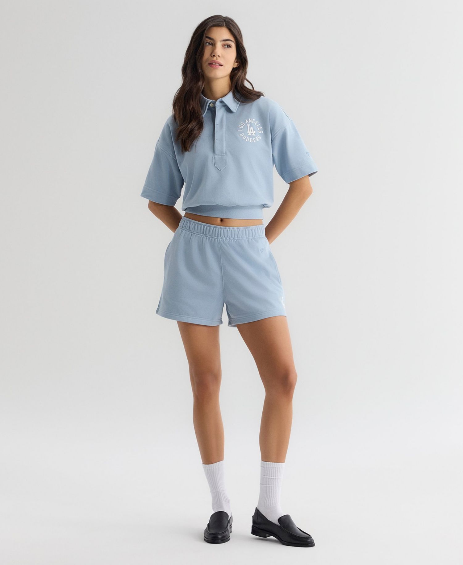 Women's Los Angeles Dodgers Iconic Cropped Spread Collar Short-Sleeve Polo Sweatshirt