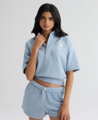 Women's New York Yankees Iconic Cropped Short Sleeve Polo Sweatshirt