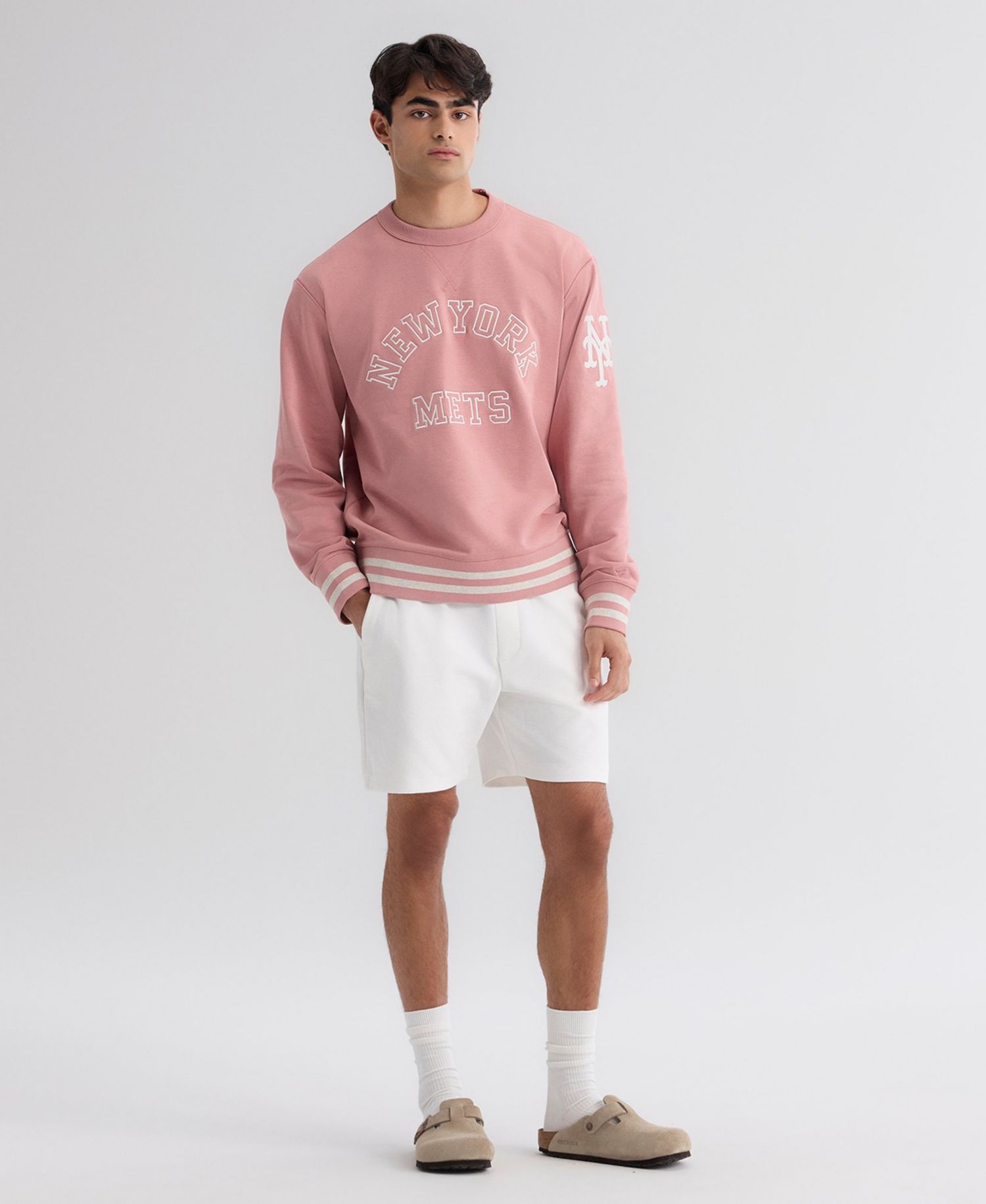 Men's New York Mets Iconic Relaxed-Fit Crewneck Striped-Rib Trim Sweatshirt